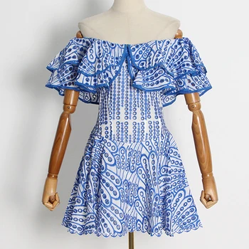 Женское мини-платье с оборками и открытыми плечами, летнее повседневное платье с вышивкой, стрейчевое платье с высокой талией, облегающее силуэт Сельма