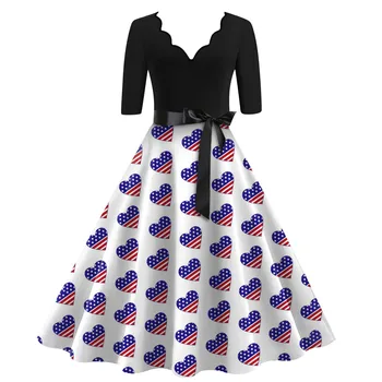Женское модное платье с поясом, стильный V-образный вырез, рукав семь четвертей, стрейчевое платье Independence Daily, широкие брюки с принтом.