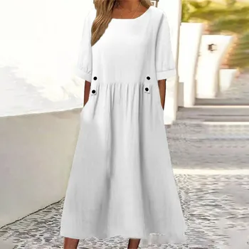 Женское платье-футболка с круглым вырезом и свободными пуговицами, удобное повседневное милое свободное платье с карманами, Однотонные Элегантные женские платья 2023