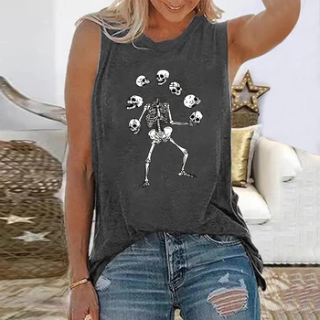 Забавные футболки с изображением черепов скелетов, женские летние футболки без рукавов с круглым вырезом, Harajuku, винтажные футболки 90-х годов для девочек