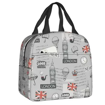 Изолированная сумка для ланча с лондонским британским рисунком в стиле Ретро Великобритания, Великобритания, Водонепроницаемый Охладитель, Термальный Ланч-бокс для женщин, сумки для еды