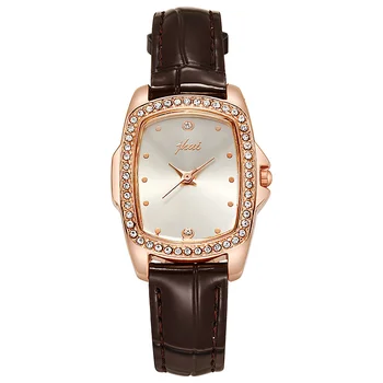Кварцевые часы для женщин с кожаным ремешком, простой корпус с бриллиантами, модные повседневные женские кварцевые часы с индивидуальностью