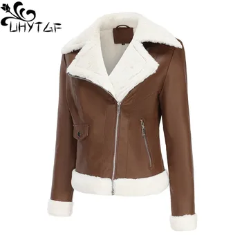 Кожаная куртка UHYTGF, женское модное плюшевое пальто на молнии с отворотом, женская повседневная теплая осенне-зимняя куртка из искусственной кожи, женская верхняя одежда 422