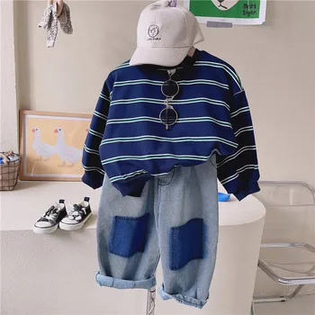 Комплект детской одежды 2023 года в корейском стиле, цветные широкие джинсы в стиле пэчворк, повседневная футболка в полоску с длинным рукавом, топ, комплект из двух предметов