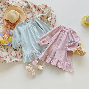 Корейская детская одежда, милое платье для маленьких девочек, универсальное хлопковое повседневное платье для детей, однотонное свободное детское платье с длинными рукавами