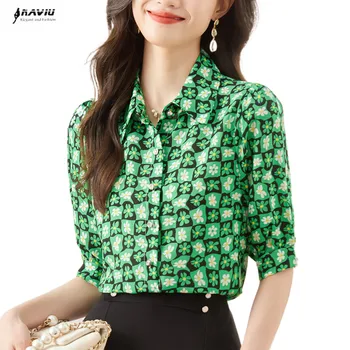 Короткие шифоновые женские летние блузки с зеленым принтом NAVIU, новые модные блузки с коротким рукавом, офисные женские рабочие топы