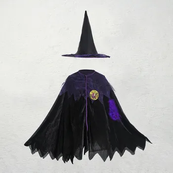 Косплей Костюм для девочек на Хэллоуин, Черный Плащ с остроконечной шляпой Волшебника, Вечерние платья + Шляпа, Кепка, Одежда, Детский костюм