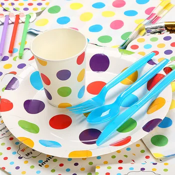 Красочный набор одноразовой посуды в горошек для вечеринки в честь 1-го дня рождения ребенка