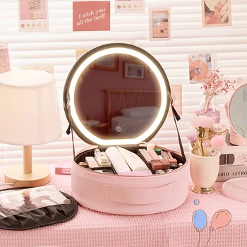 Круглая Коробка для хранения косметики, Туалетное Зеркало с подсветкой, Портативная косметичка большой емкости, Женская сумка для мытья посуды