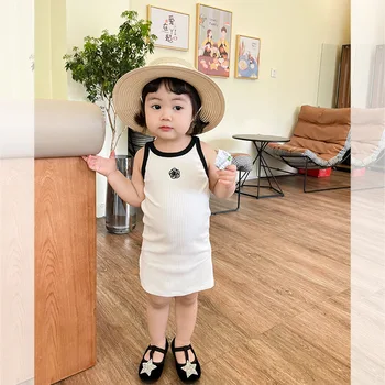 Летнее Детское Милое платье с вышивкой в виде Цветка Камелии с разрезом, Приталенное Платье, Повседневное Корейское Модное платье-комбинация для девочек, Подходит для 1-5 лет