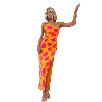 Летнее женское платье на одно плечо, летнее оранжевое повседневное платье без рукавов с Vestido