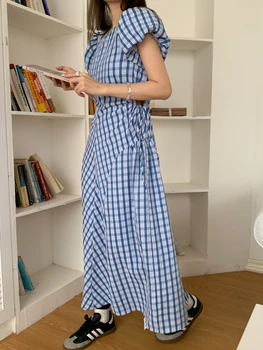 Летнее Милое клетчатое длинное платье миди с пышными рукавами и разрезом сбоку, открытая шнуровка с высокой талией, корейские тканевые женские платья y2k casual