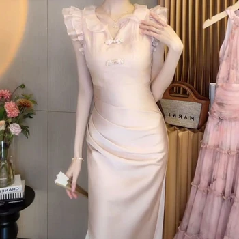 Летнее платье Розовое, милое 2023, Элегантный темперамент, Китайская тарелка для девочек, платье на пуговицах, женская одежда