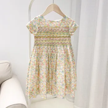 Летнее платье с коротким рукавом для девочек, Французское фермерское платье с фрагментированным цветочным узором, Милое платье принцессы с ручной вышивкой