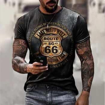 Летние Мужские Винтажные футболки С коротким рукавом America Route 66 С Буквенным 3D-принтом, Модные футболки С вырезом Oversize Sweate