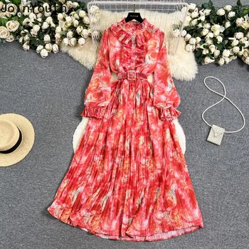 Летние платья для женщин, Винтажное Шифоновое Платье с цветочными Оборками, Женское платье 2023, Темпераментное Плиссированное Платье Макси 7L376