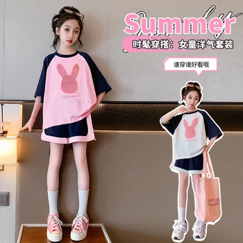 Летний комплект одежды для девочек с коротким рукавом + шорты, 2 предмета, повседневный костюм в корейском стиле для колледжа, детская одежда для подростков от 4 до 16 лет
