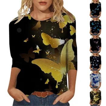 Летняя женская футболка с круглым вырезом и рукавом в семь точек, облегающая футболка с принтом бабочки, повседневные мягкие женские топы, толстовка с длинным рукавом