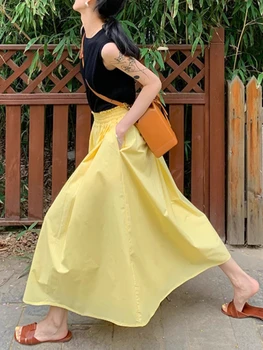 Летняя новинка В желтой женской юбке А-силуэта с завышенной талией, складки на эластичном поясе, Однотонная Длинная юбка-качалка с карманами