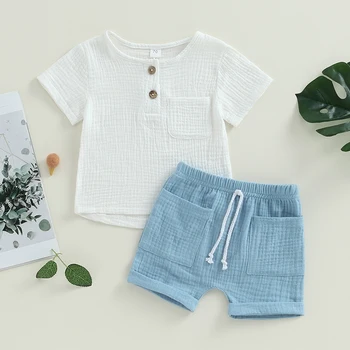 Летняя одежда для мальчика из 2 предметов С коротким рукавом и карманом на пуговицах Топы Шорты Комплект Одежды для малышей