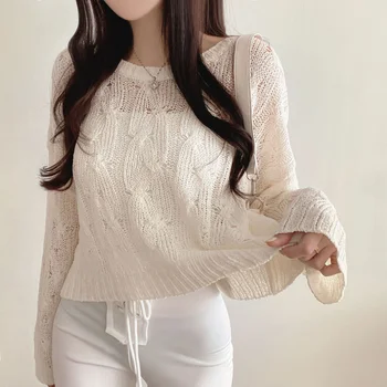Летняя трикотажная рубашка из Ледяного шелка в Корейском стиле с круглым вырезом и длинным рукавом, модная сексуальная рубашка, блузка для девочек, Женская одежда, Тонкие блузки 27181