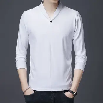 Модная Корейская весенне-осенняя Новая футболка с V-образным вырезом и длинным рукавом, Однотонный лоскутный топ на пуговицах, Универсальный Свободный дышащий хлопковый топ