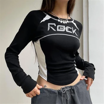 Модная эстетичная одежда 2000-х, женский укороченный топ с буквенным принтом контрастного цвета, круглый вырез, длинный рукав, футболка y2k Grunge, уличная одежда