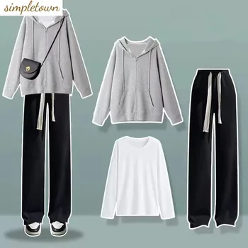 Модный комплект в стиле академии 2023 Осень/зима, Корейский свободный свитер + футболка + широкие брюки, модный комплект из трех предметов