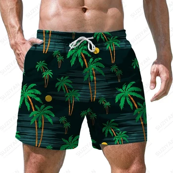 Мужские летние плавательные шорты с 3D-печатью кокосовой пальмы, плавки, повседневные спортивные пляжные шорты, пляжные шорты в гавайском стиле