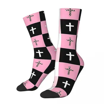 Мужские Носки Красочные Розовые Черные Белые Леопардовые С Рисунком Христианского Креста В стиле Ретро С Распятием Harajuku Crew Sock Gift