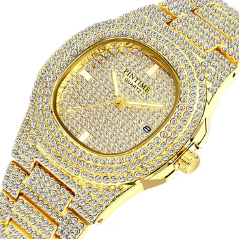 Мужские часы PINTIME Водонепроницаемые 3ATM роскошные кварцевые наручные часы с бриллиантами в корпусе Iced Out, повседневные часы с календарем, деловые часы Reloj