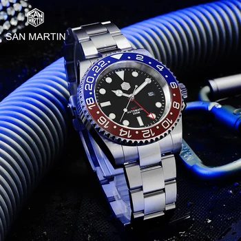 Мужские часы San Martin в ретро-стиле GMT Diver Luxury Sapphire Со светящейся датой 20 бар Водонепроницаемые мужские Автоматические механические наручные часы