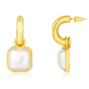 Новая 1 пара сережек из стерлингового серебра 925 пробы, оригинальные романтические золотые серьги-кольца с квадратным жемчугом, гладкие Серьги-капли для женщин, Ювелирный подарок
