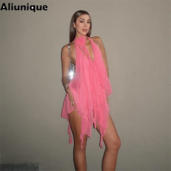 Новое мини-платье Aliunique с открытой спиной на бретелях, асимметричное Розовое сетчатое сексуальное женское платье для дня рождения, без рукавов, праздничные наряды