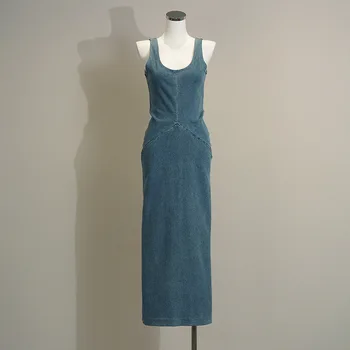 Новое сексуальное платье с джинсовым ремешком, женские платья Миди с разрезом на талии, приталенные, весна/лето 2023