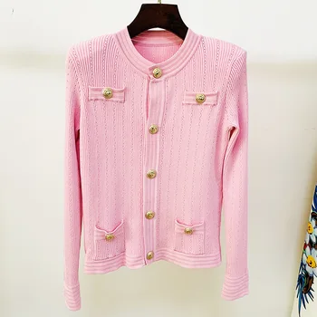 Осенне-зимняя новинка 2023, женская куртка, приталенный вязаный свитер на пуговицах со львом, пальто-кардиган розового цвета