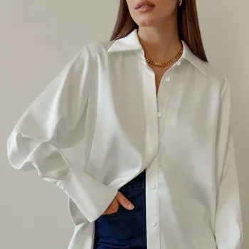 Осенняя блузка, атласная рубашка, однотонный Свободный повседневный шелковый топ, женская офисная мода, белая рубашка, женские топы с длинным рукавом, одежда 28697