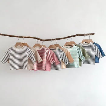 Осенняя детская футболка 2023 года для новорожденных мальчиков и девочек от 0 до 2 лет, длинный рукав с круглым вырезом, однотонная хлопковая футболка, пуловер, рубашка в полоску, Одежда