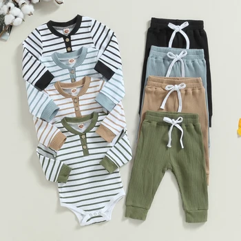 Осенняя Одежда для новорожденных Мальчиков, Комбинезон в полоску с длинным рукавом и принтом + Комплект штанов, Теплая Одежда