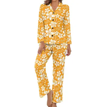 Пижама с тропическим цветочным рисунком, Модный пижамный комплект с длинными рукавами и цветочным принтом, Комплект из 2 предметов, Эстетичный осенний дизайн, Подарок для домашнего костюма