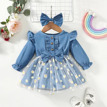 Платье для маленьких девочек с принтом маргаритки, сетчатое джинсовое платье в стиле пэчворк с длинным рукавом, модное платье для младенцев, весна-осень