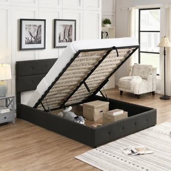 Простая и современная кровать-платформа с мягкой обивкой и местом для хранения под кроватью, размера 