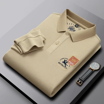 Роскошная брендовая рубашка поло Мужская с длинными рукавами, весенне-осенняя футболка из 100% хлопка с модной вышивкой, повседневный топ с защитой от скатывания