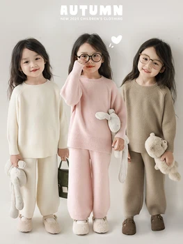 Свободная повседневная одежда для девочек, Осенний детский игривый милый свитер, брюки, комплект из двух предметов