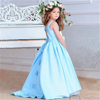 Синее платье с цветочным узором для девочек, длинное Свадебное платье без рукавов с открытой спиной, украшенное бантом, Элегантное детское праздничное платье с маленьким цветочком для Первого причастия