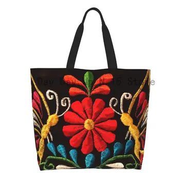 Сумка для покупок с забавными мексиканскими бабочками и цветочным узором многоразового использования Otomi, художественная вышивка, холщовая сумка для покупок через плечо