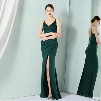 Темно-зеленое вечернее платье Русалки с открытой спиной, блестящие бретельки-спагетти с бисером, сексуальные платья Русалки с высоким разрезом, свадебные платья для выпускного вечера