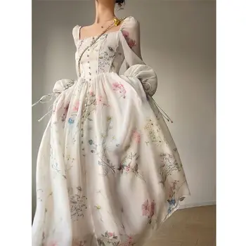 Французское элегантное платье, платье с цветочным рисунком из тюля, пляжная сказочная вечеринка, Корейское летнее 23-летнее карнавальное авангардное одеяние
