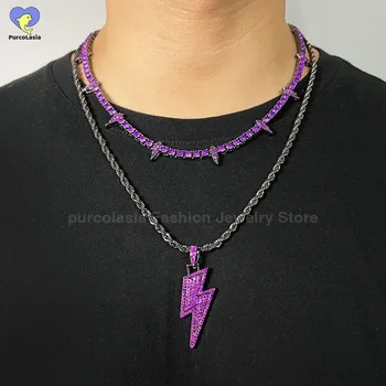 Хип-хоп Подвеска-молния Темно-фиолетового цвета, покрытая льдом Теннисная цепочка CZ, Ожерелье для мужчин или женщин, ювелирные изделия с заклепками в виде Черной Пантеры