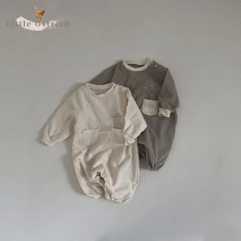 Хлопковый комбинезон для новорожденных девочек и мальчиков, Комбинезон с длинными рукавами для малышей, повседневный однотонный пуловер, детская одежда 3-18 м